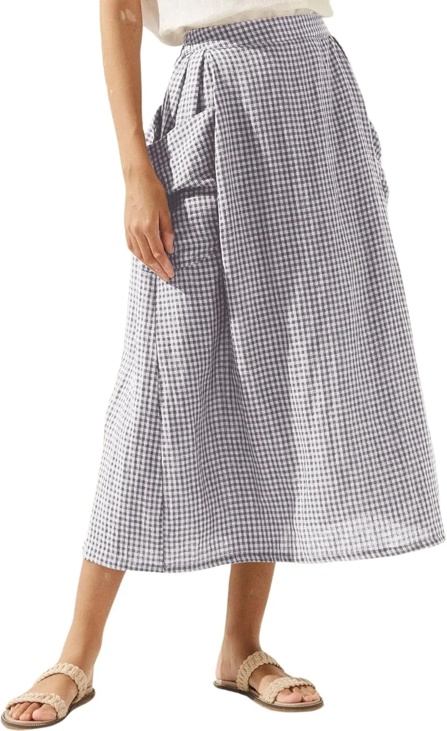 MISSACTIVER Linen Plaid Skirts for Women Elastic Waist Midi Skirt with Pockets Vintage Flowy Gingham Long Skirt