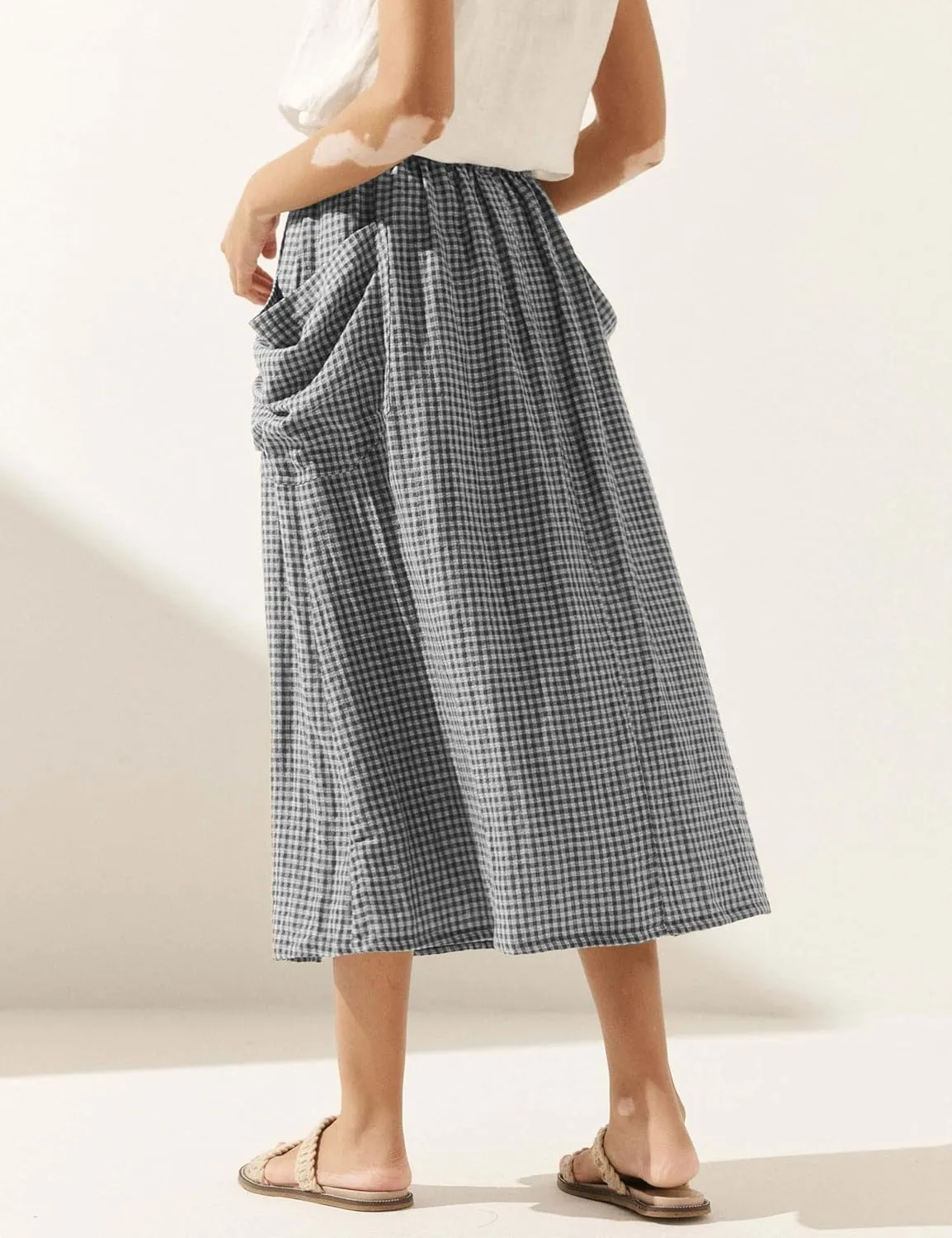 MISSACTIVER Linen Plaid Skirts for Women Elastic Waist Midi Skirt with Pockets Vintage Flowy Gingham Long Skirt