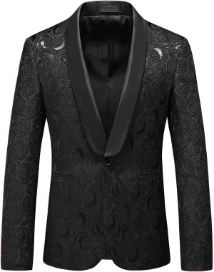 MOGU Mens Blazer Slim Fit Suit Jacket White Floral Jacquard Material