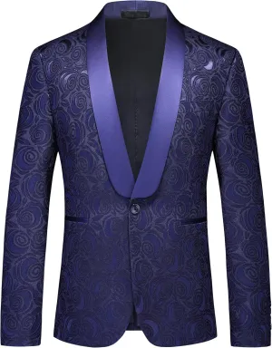 MOGU Mens Blazer Slim Fit Suit Jacket White Floral Jacquard Material