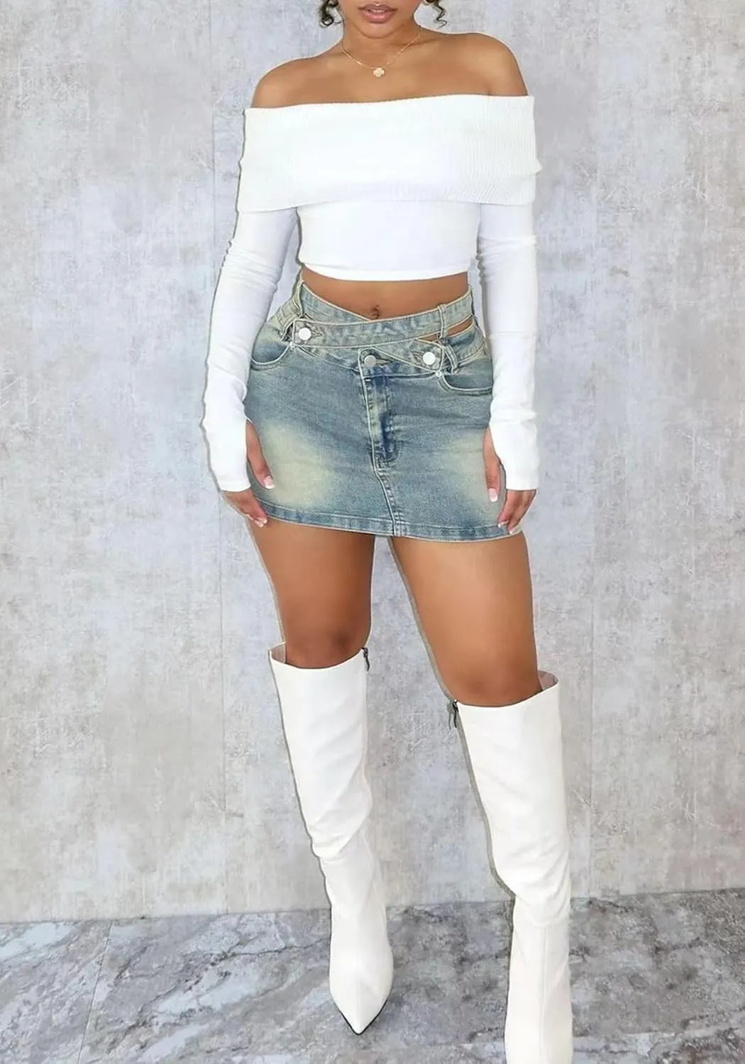Molisry Women's Y2K Denim Skirt High Waisted Cross Double Belted Bodycon A-Line Mini Jean Skirt Streetwear