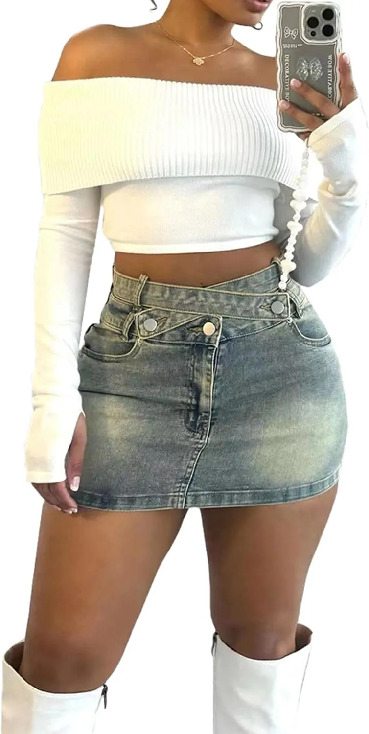 Molisry Women's Y2K Denim Skirt High Waisted Cross Double Belted Bodycon A-Line Mini Jean Skirt Streetwear