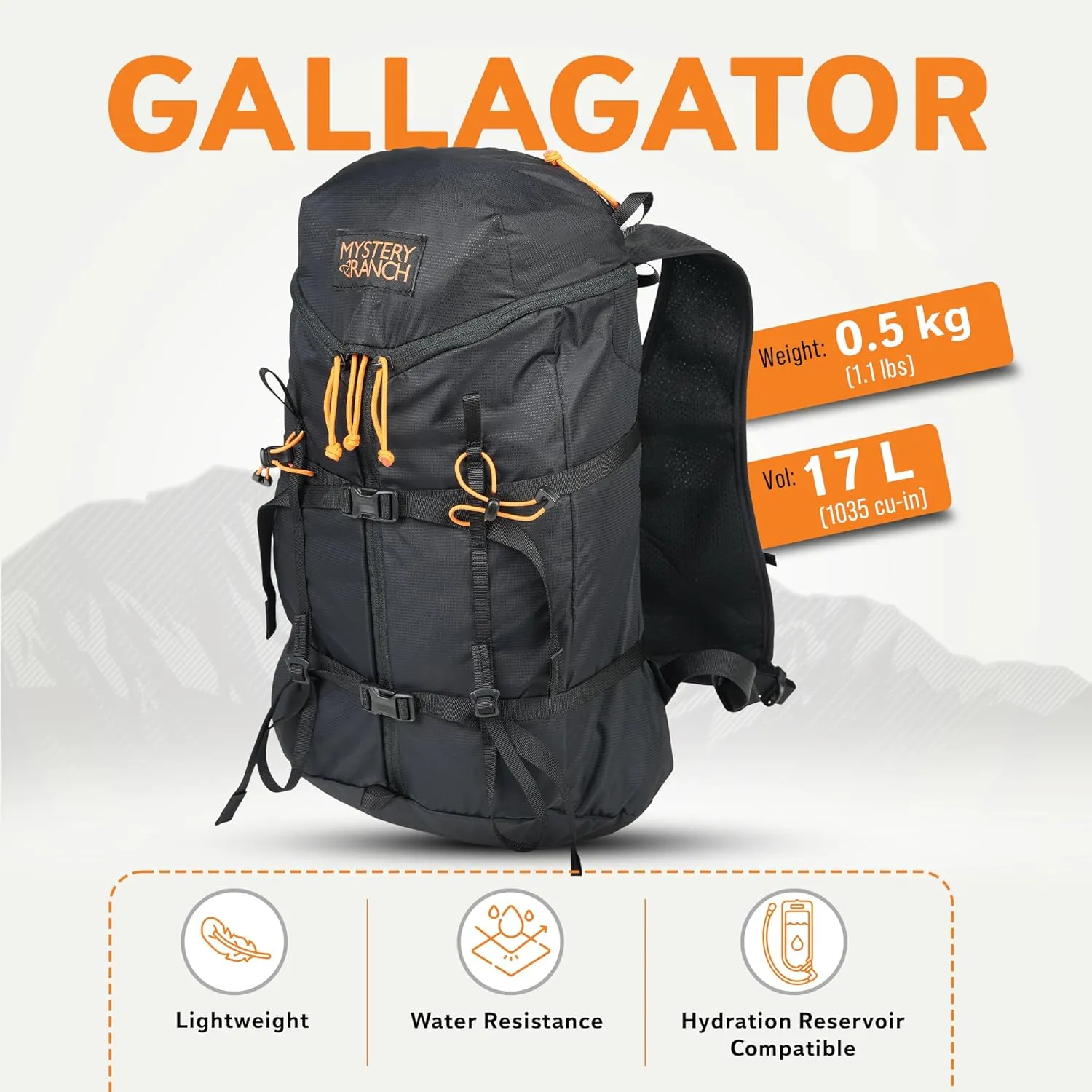 Mystery Ranch Gallagator 20 Daypack - Travel Bag to Hiking Backpack, Black, S/M