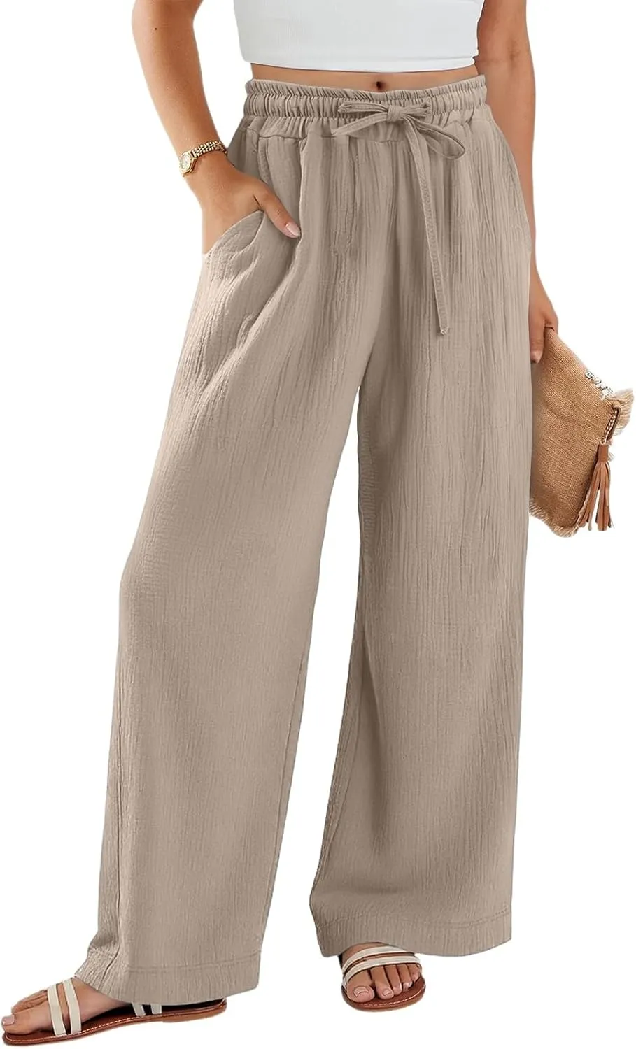 NBXNZWF Women's Linen Pants Wide Leg Elastic High Waisted Pull On Trousers Flowy Summer Beach Palazzo Pants with Pockets