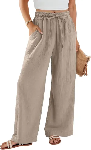 NBXNZWF Women's Linen Pants Wide Leg Elastic High Waisted Pull On Trousers Flowy Summer Beach Palazzo Pants with Pockets