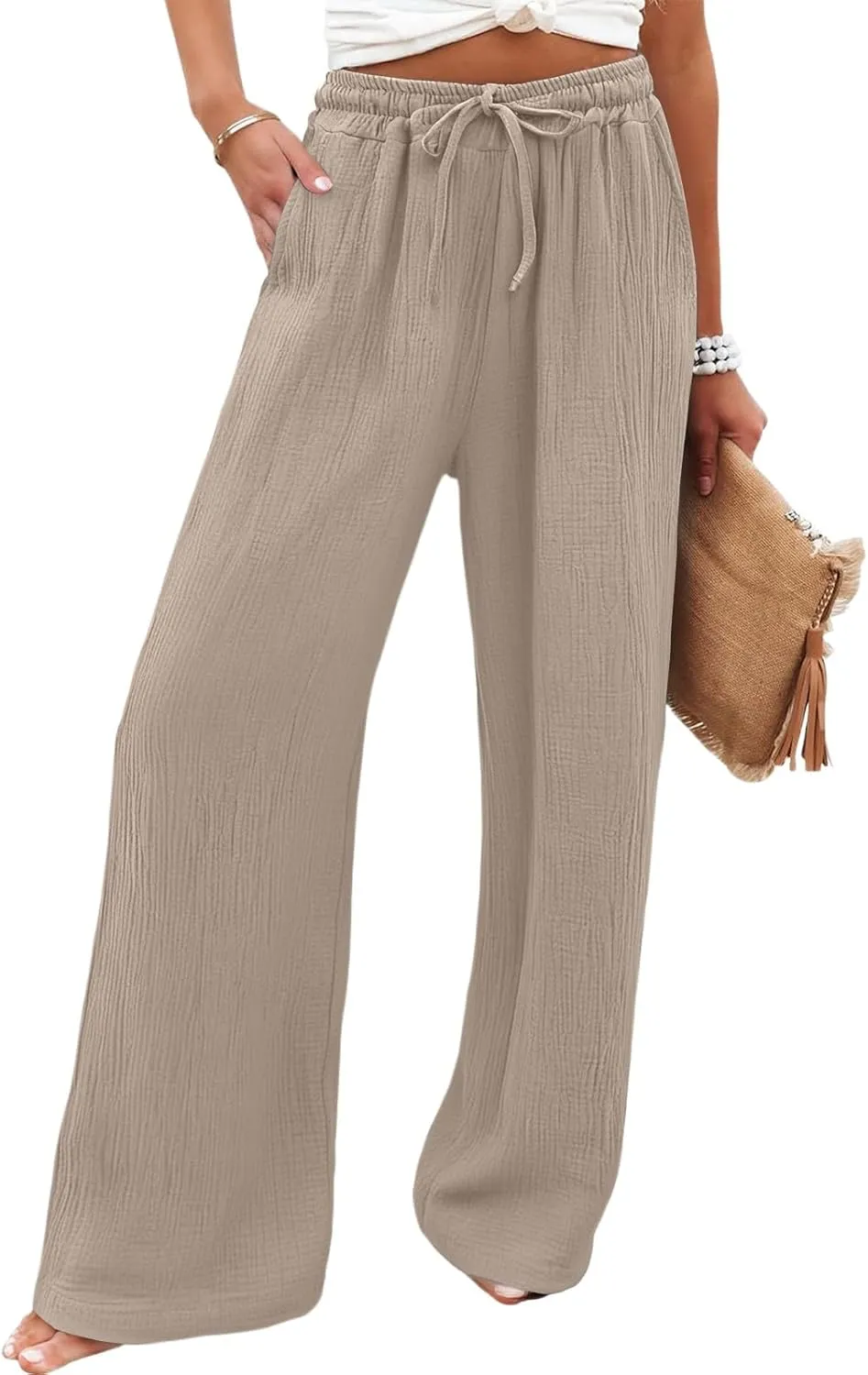 NBXNZWF Women's Linen Pants Wide Leg Elastic High Waisted Pull On Trousers Flowy Summer Beach Palazzo Pants with Pockets