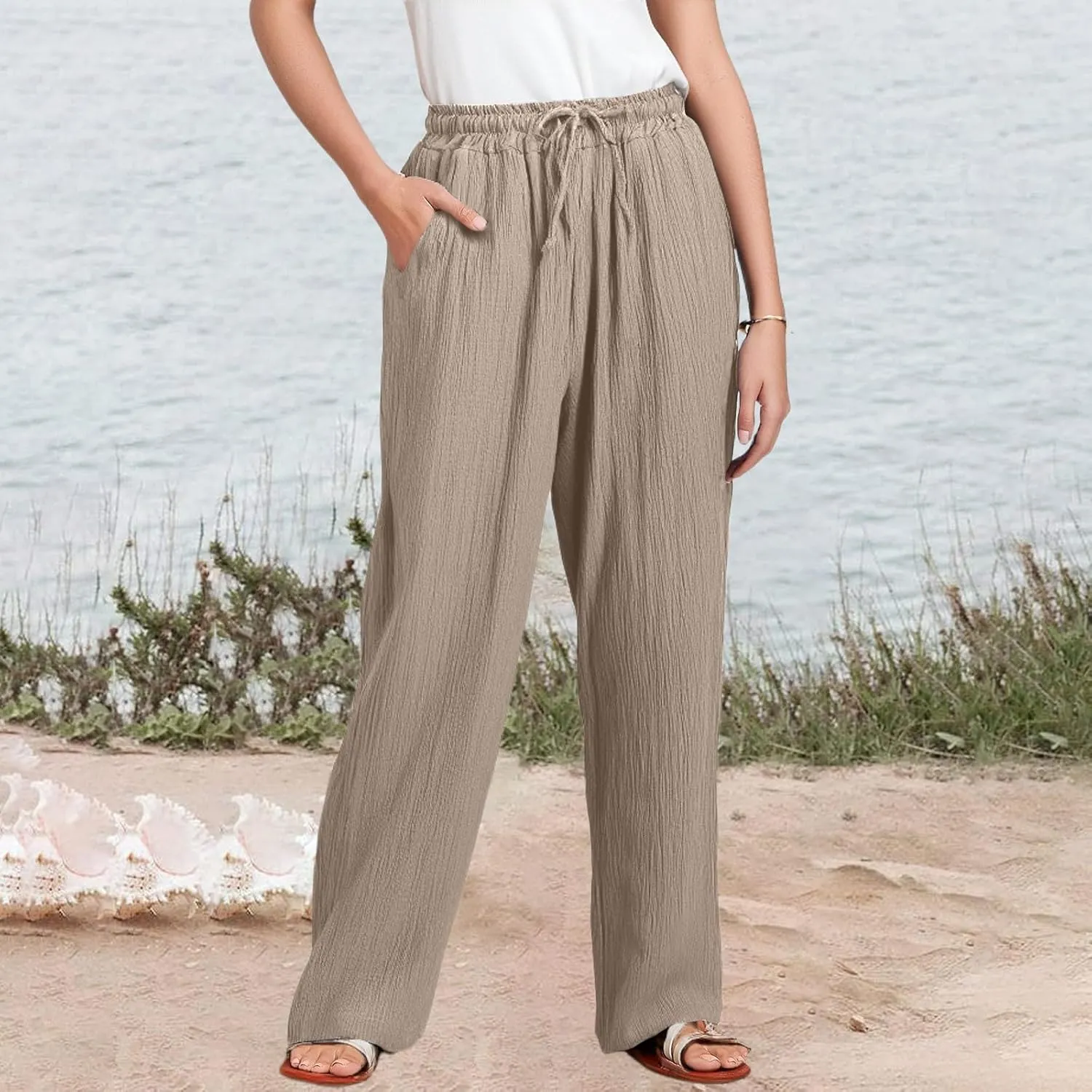 NBXNZWF Women's Linen Pants Wide Leg Elastic High Waisted Pull On Trousers Flowy Summer Beach Palazzo Pants with Pockets