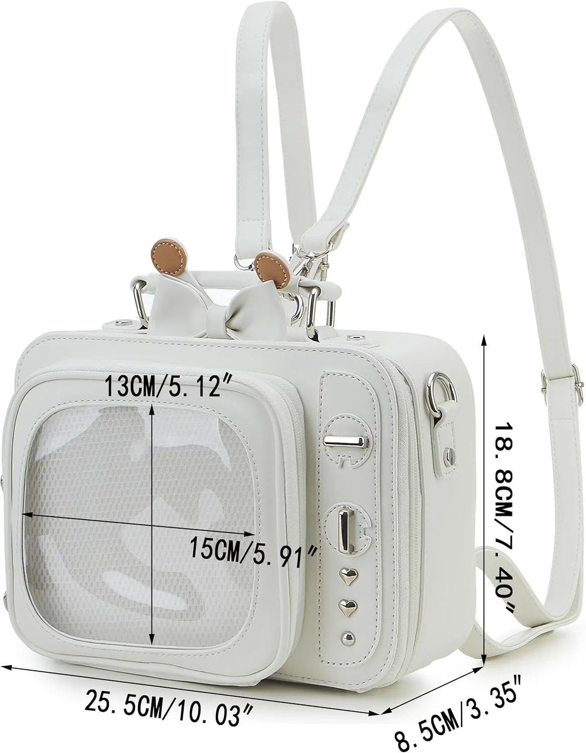 Novelty Women TV Shape Ita Bag Retro Television Shoulder Bag Design Ita Backpack with Inserts Unique female Clear Windows Anime Display for Pins Display(White)