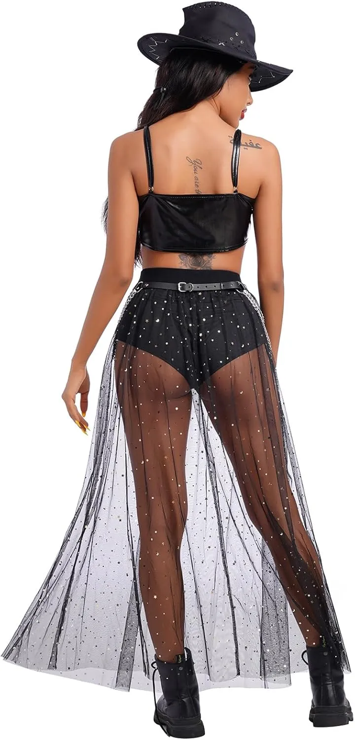 ODASDO Women's 2-in-1 Sequins Mesh Skirt with Bottom Glitter Star Transparent Beach Cover Up Disco Rave Dance Party Outfit