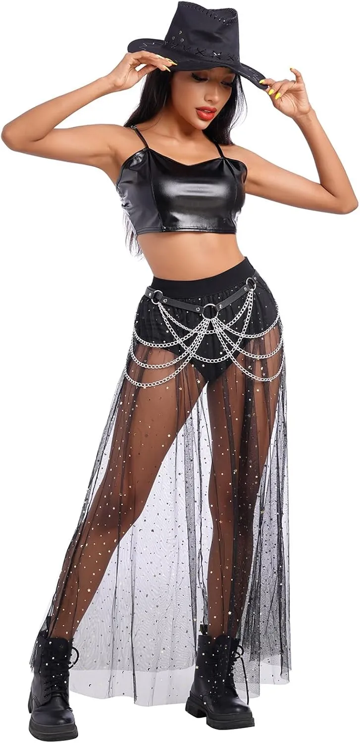 ODASDO Women's 2-in-1 Sequins Mesh Skirt with Bottom Glitter Star Transparent Beach Cover Up Disco Rave Dance Party Outfit