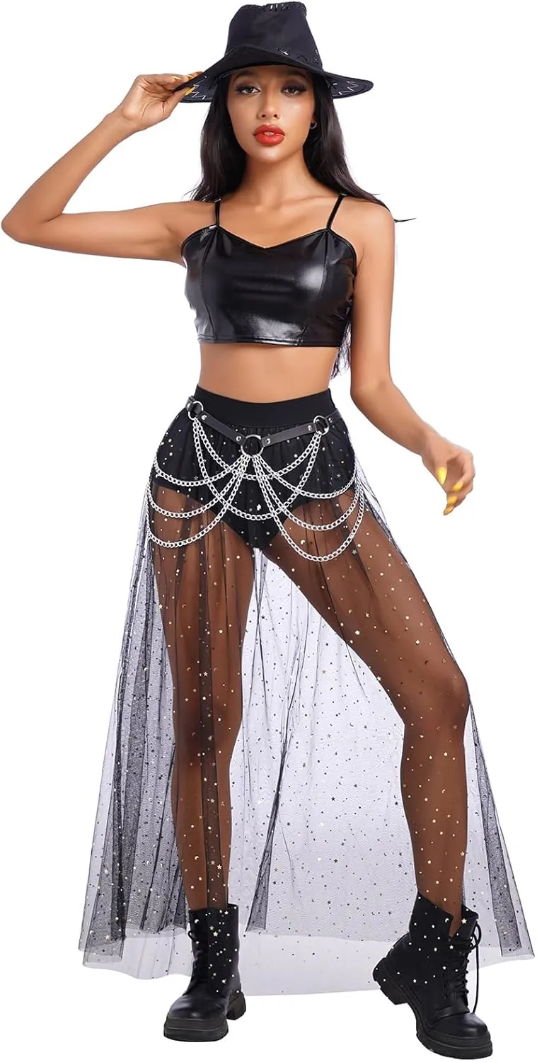 ODASDO Women's 2-in-1 Sequins Mesh Skirt with Bottom Glitter Star Transparent Beach Cover Up Disco Rave Dance Party Outfit