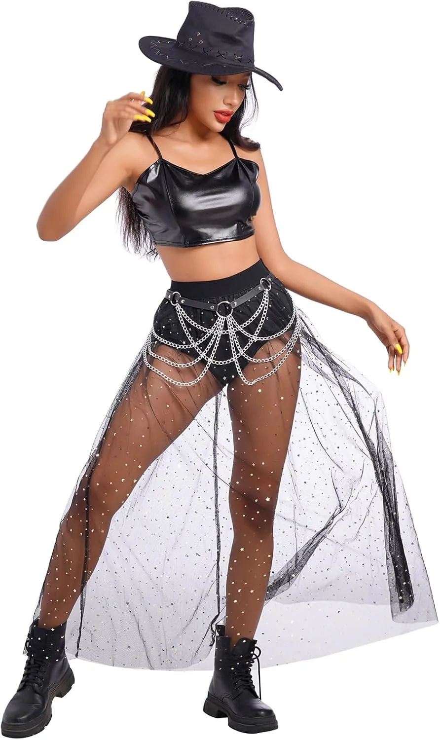ODASDO Women's 2-in-1 Sequins Mesh Skirt with Bottom Glitter Star Transparent Beach Cover Up Disco Rave Dance Party Outfit