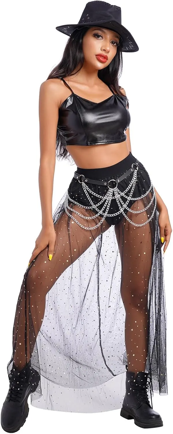 ODASDO Women's 2-in-1 Sequins Mesh Skirt with Bottom Glitter Star Transparent Beach Cover Up Disco Rave Dance Party Outfit