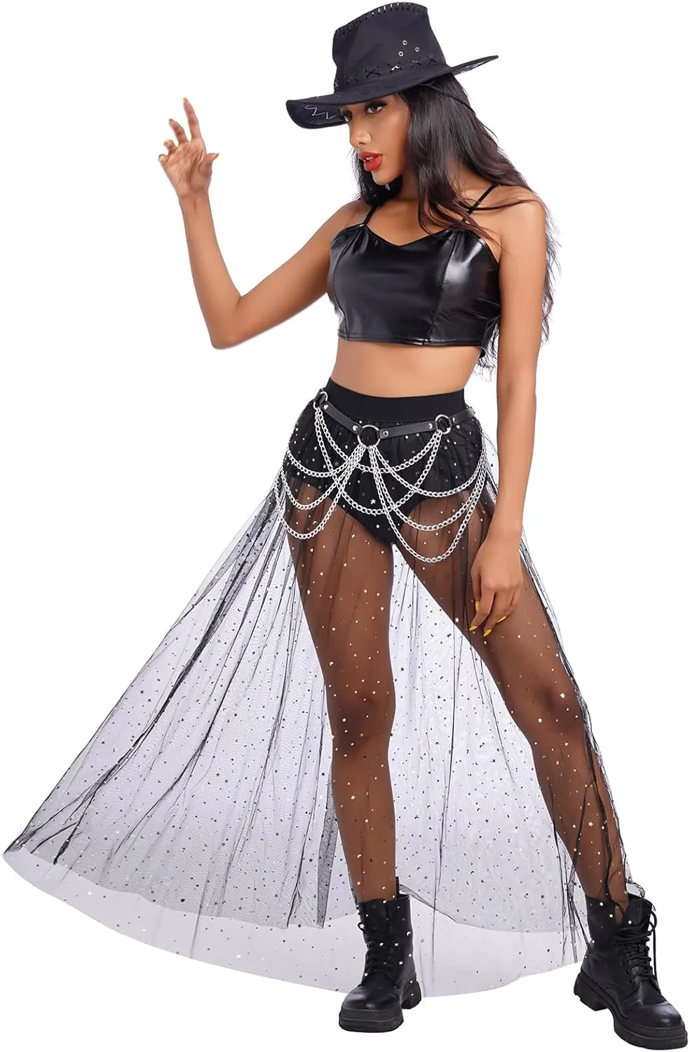 ODASDO Women's 2-in-1 Sequins Mesh Skirt with Bottom Glitter Star Transparent Beach Cover Up Disco Rave Dance Party Outfit