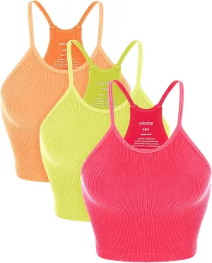 ODODOS Women's Crop 3-Pack Seamless Rib-Knit Camisole Crop Tank Tops