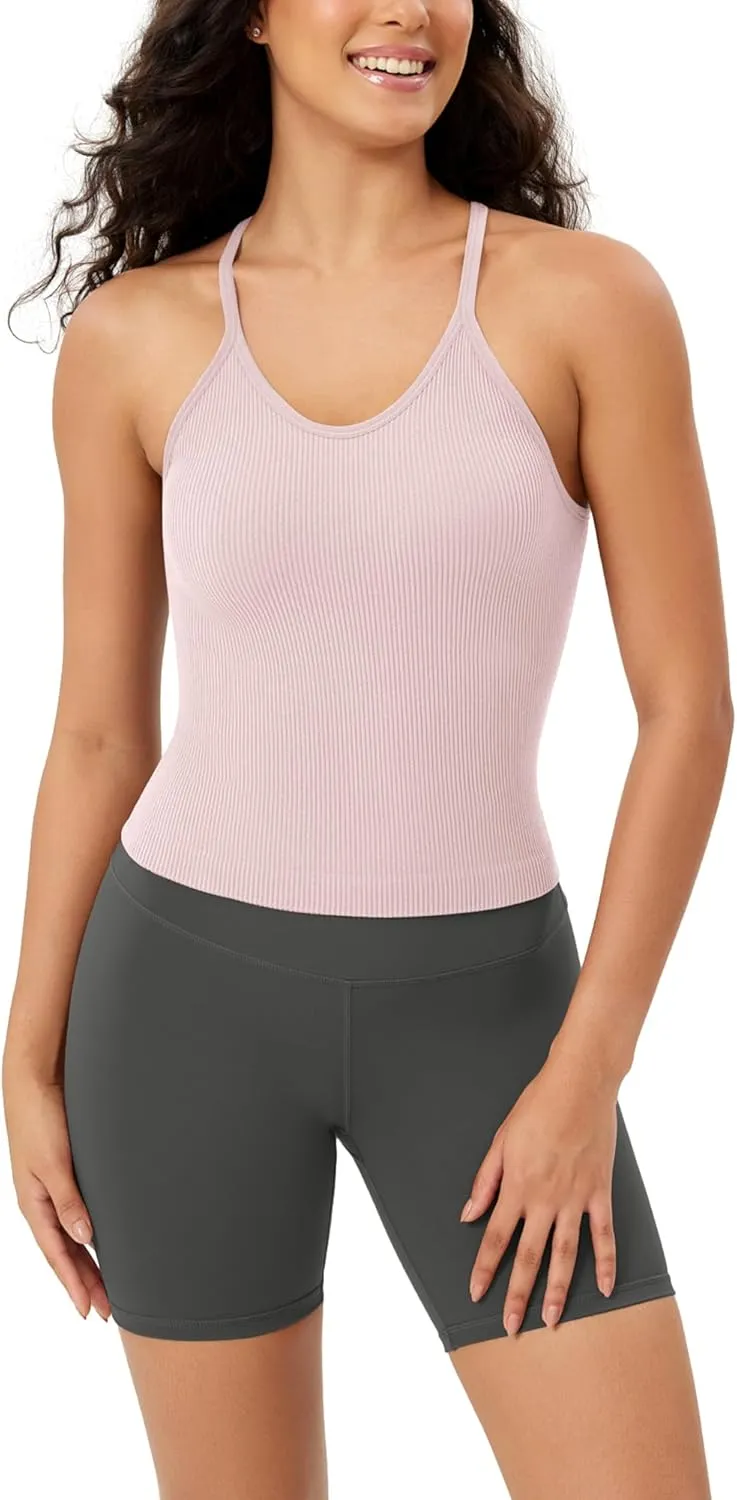 ODODOS Women's Crop Seamless Rib-Knit Camisole Strappy Racerback Cropped Tank Tops