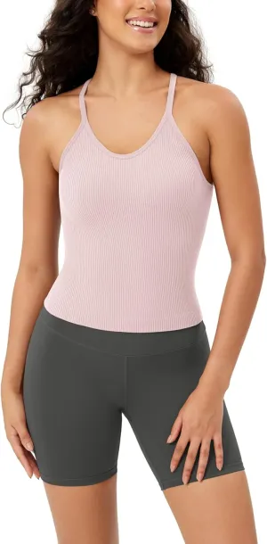 ODODOS Women's Crop Seamless Rib-Knit Camisole Strappy Racerback Cropped Tank Tops