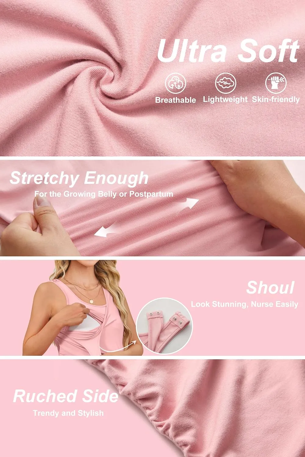 OUGES 2025 Womens Maternity Nursing Tank Tops Summer Scoop Neck Ruched Side Sleeveless Maternity Shirts Pregnancy Clothes