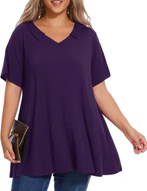 OVERWORETY Women's Plus Size T-Shirt Short Sleeve Lapel V Neck Loose Fitted Polo Tunic Tops