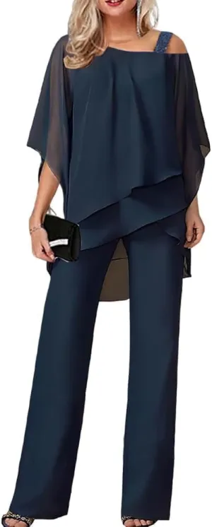 Pant Suits for Women Dressy Wedding 2 Piece Outfits Casual Irregular Chiffon Formal Wide Leg Pants Suits