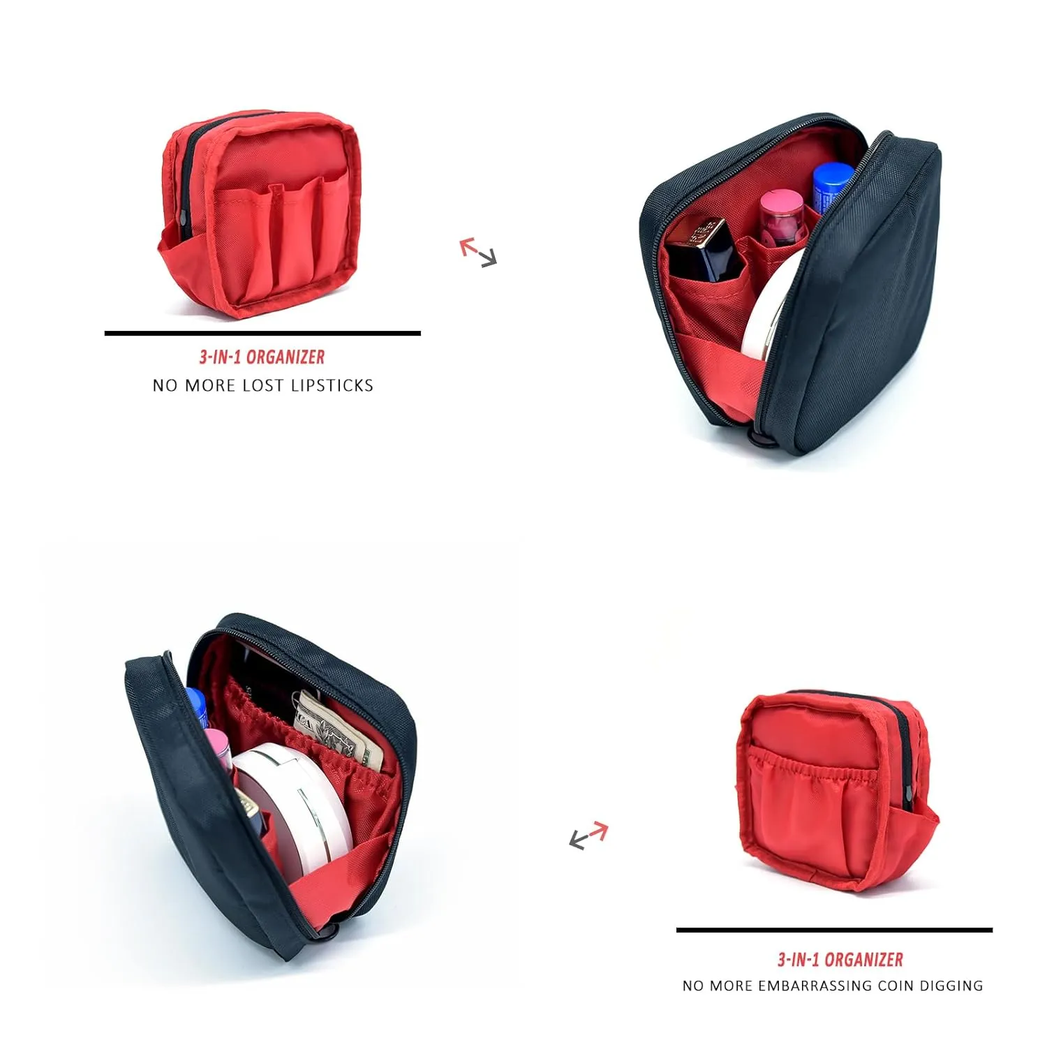 patu Mini Makeup Bag for Travel - Small Cosmetic Bag for Purse, Black Waterproof nylon Organizer with Large Side Pocket with 3 Small Pockets, Portable Carry Handle Toiletry Bag for Women Girls