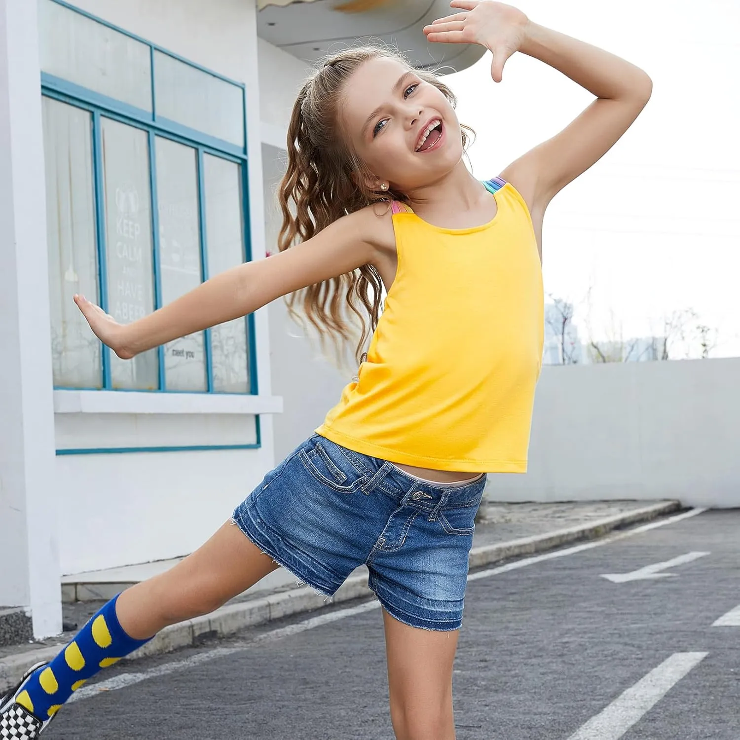Perfashion Girls Tank Tops Rainbow Camisole High Low Hem Basic Shirt Yoga Gymnastics Dancewear for 4-13 Years