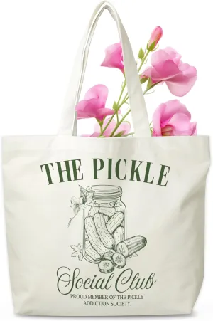 Pickles Canvas Tote Bag, Pickle Jar Grocery Bag, Farmers Market Tote, Pickle Beach Bag Gifts For Women Pickle Lovers Friends Family, Funny Spring Summer Party Reusable Shopping Bag, 08
