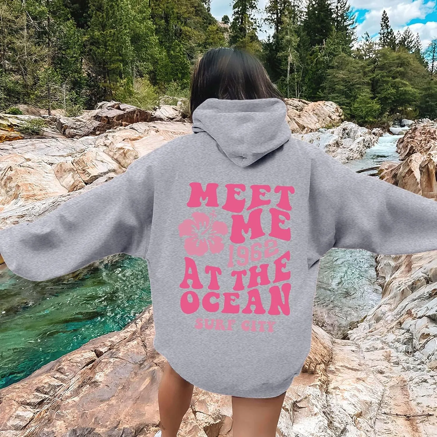 Pink Graphic Oversized Hoodies for Women Teen Girls 2024 Trendy Cute Preppy Sweatshirts Long Sleeve Y2K Tops Pullover