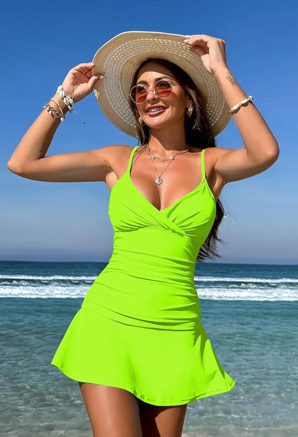 Pink Queen Women's Tankini Swimsuit 2 Piece Tummy Control Bathing Suit Ruched Tankini Tops with Swim Skirt Swimwear