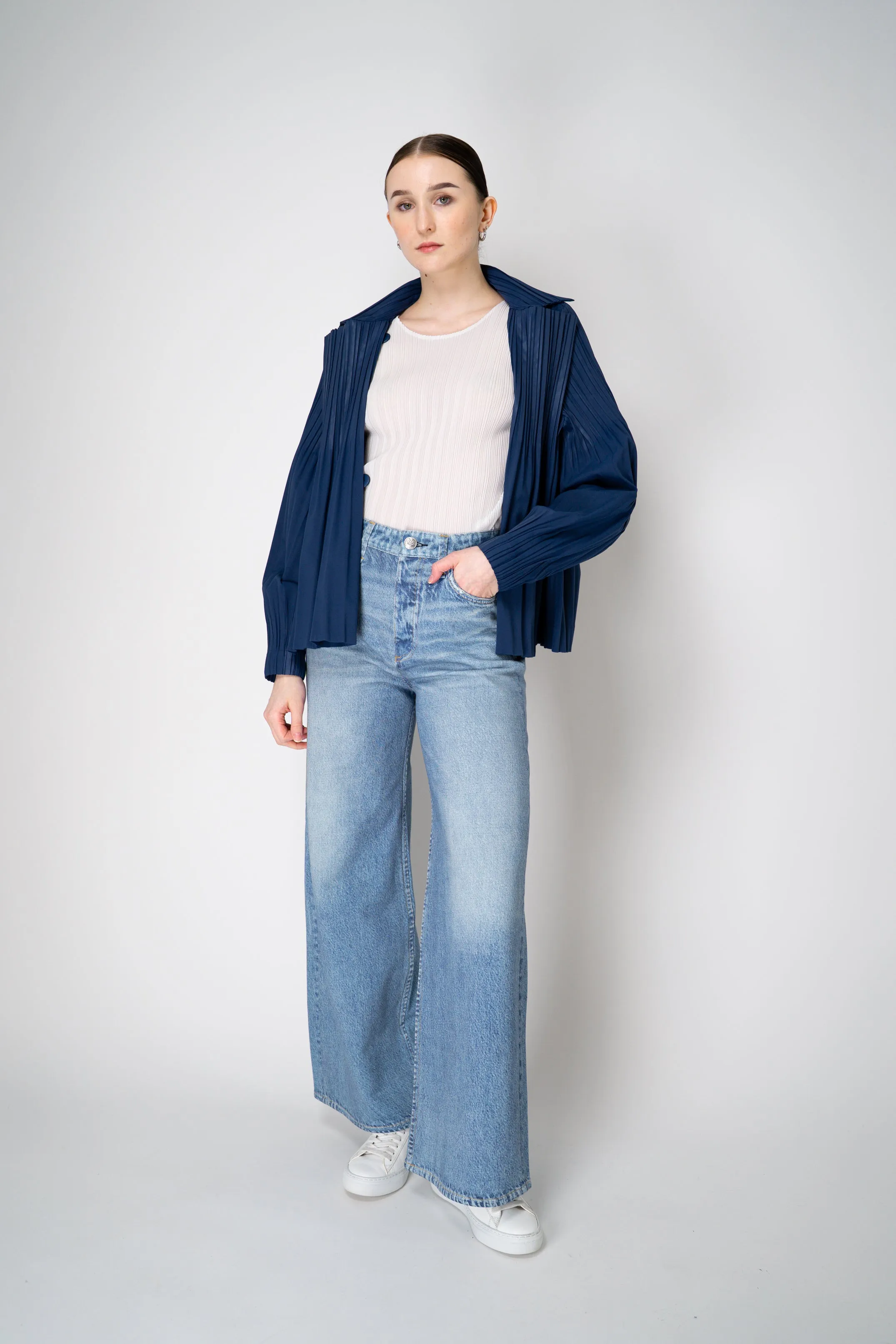 Pleats Please Issey Miyake Smooth Coat in Navy