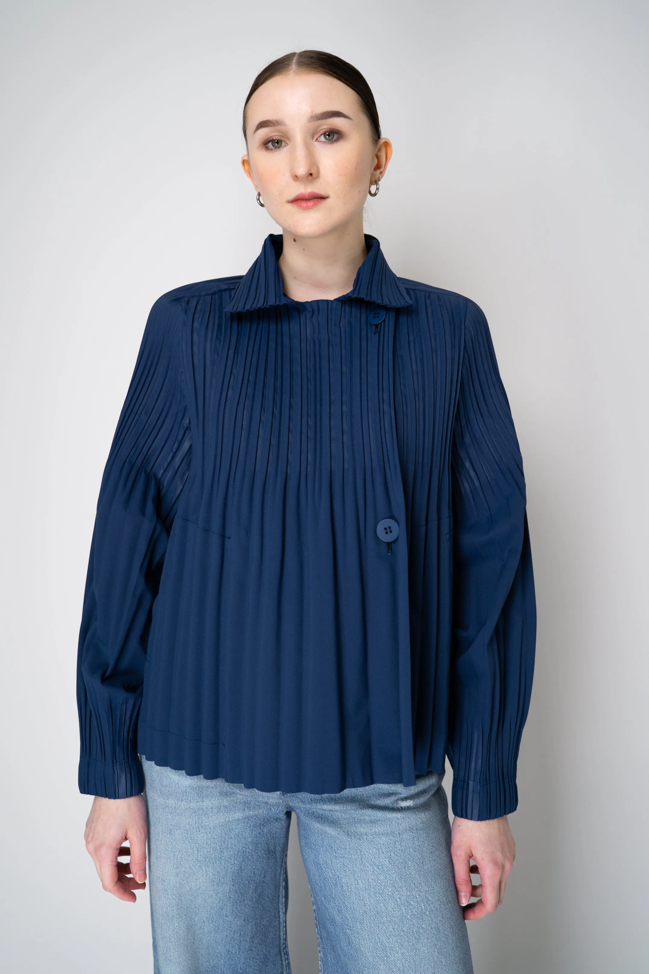Pleats Please Issey Miyake Smooth Coat in Navy