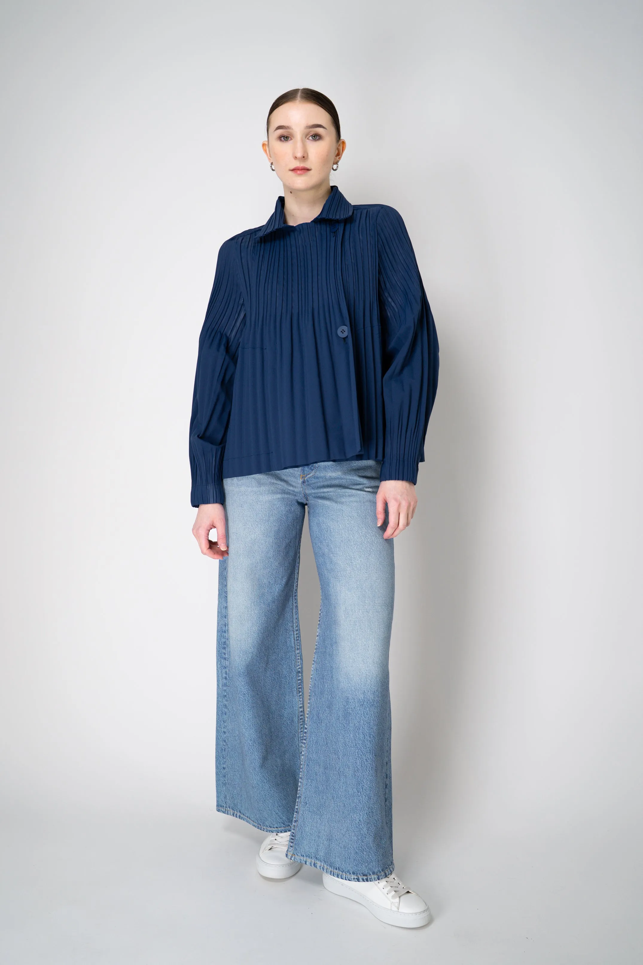 Pleats Please Issey Miyake Smooth Coat in Navy