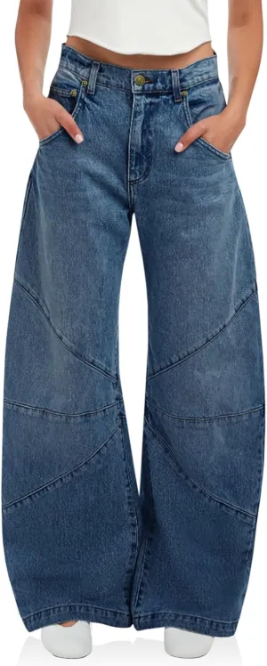 PLNOTME Womens High Waisted Barrel Jeans Casual Loose Boyfriend Wid Leg Denim Pants