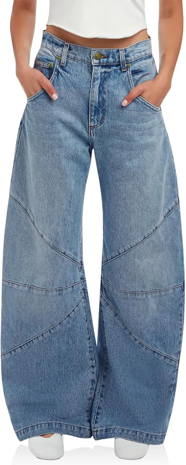 PLNOTME Womens High Waisted Barrel Jeans Casual Loose Boyfriend Wid Leg Denim Pants