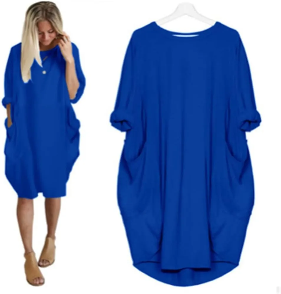 Plus Size Dresses for Women Oversized T Shirt Midi Dress Roll-Up Sleeve Crewneck Dress Baggy Dresses with Pockets