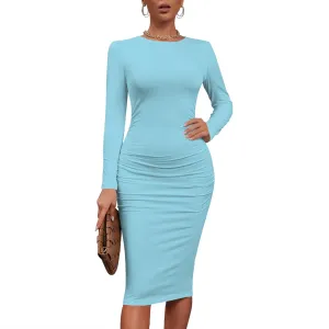 Plus Size Fall Midi Bodycon Dress for Curvy Women Round Neck Long Sleeve Knee Length Casual Dress Party Club Work Dress