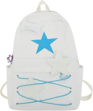 Preppy Backpack Cute Stars Pattern Korean Style Backpack Aesthetic College Backpack for Work Travel (One Size,White)