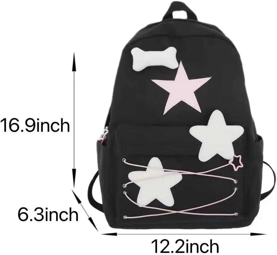 Preppy Backpack Cute Stars Pattern Korean Style Backpack Aesthetic College Backpack for Work Travel (One Size,White)
