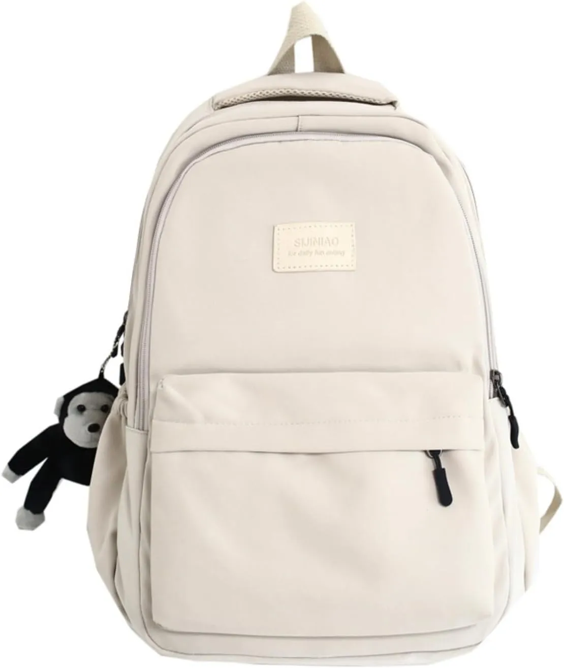 Preppy Backpack for Women Men Aesthetic College Backpack with Cute Monkey Pendant Travel Daypack Fit 15.6 Inch Laptop (Beige,One Size)