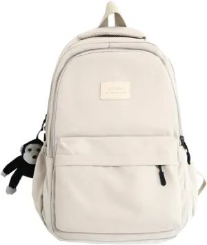 Preppy Backpack for Women Men Aesthetic College Backpack with Cute Monkey Pendant Travel Daypack Fit 15.6 Inch Laptop (Beige,One Size)
