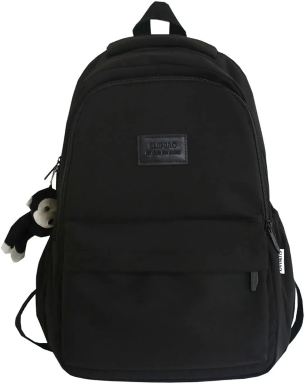 Preppy Backpack for Women Men Aesthetic College Backpack with Cute Monkey Pendant Travel Daypack Fit 15.6 Inch Laptop (Black,One Size)