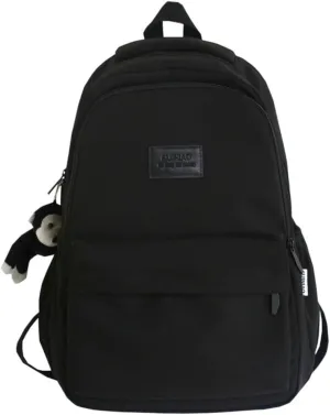 Preppy Backpack for Women Men Aesthetic College Backpack with Cute Monkey Pendant Travel Daypack Fit 15.6 Inch Laptop (Black,One Size)