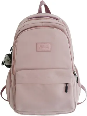Preppy Backpack for Women Men Aesthetic College Backpack with Cute Monkey Pendant Travel Daypack Fit 15.6 Inch Laptop (Pink,One Size)