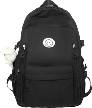 Preppy Backpack with Cute Pendant Women Smile Face Laptop Backpack Kawaii Lightweight Aesthetic College Backpack (Black,One Size)