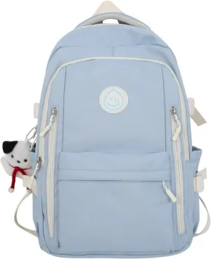 Preppy Backpack with Cute Pendant Women Smile Face Laptop Backpack Kawaii Lightweight Aesthetic College Backpack (Blue,One Size)