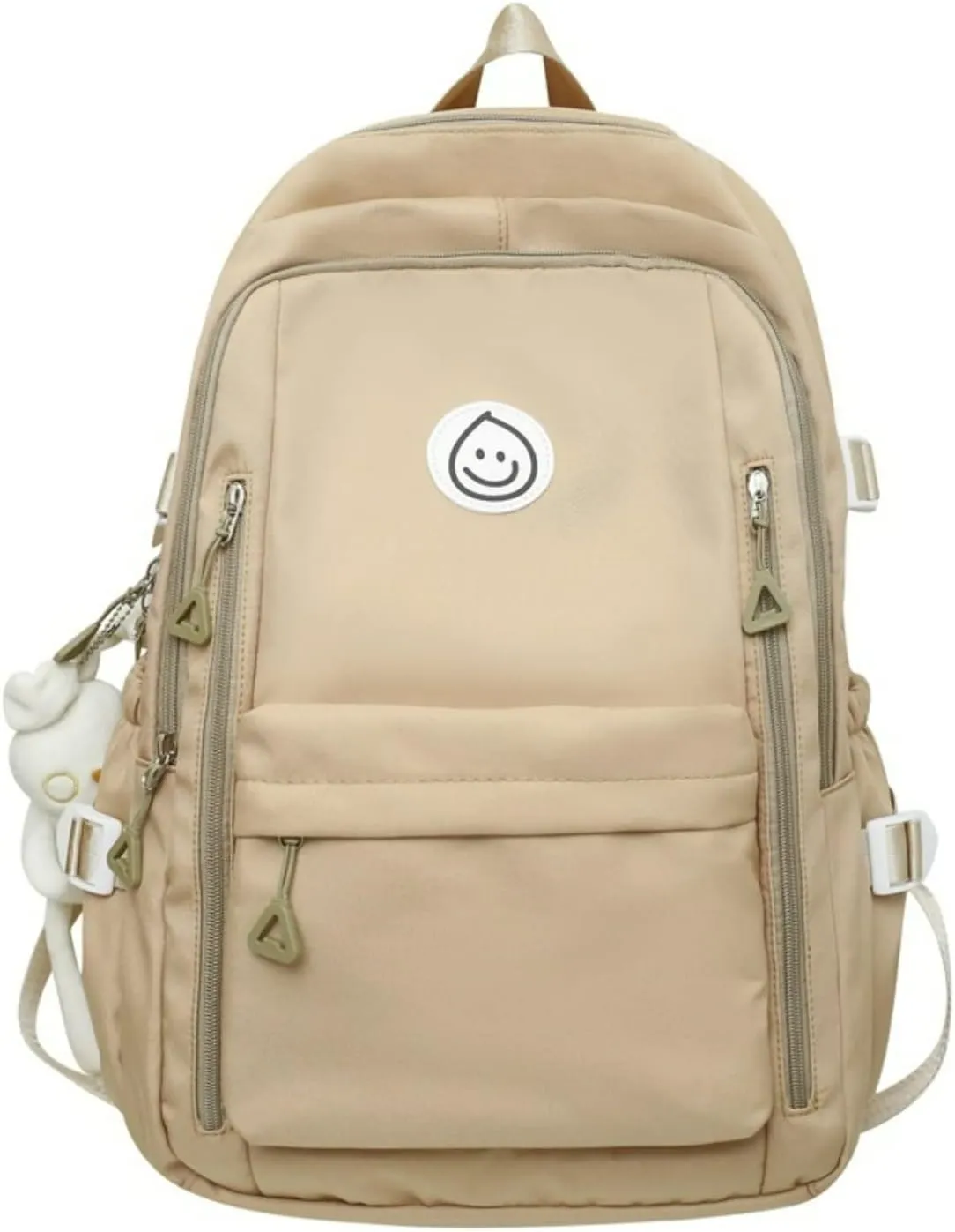 Preppy Backpack with Cute Pendant Women Smile Face Laptop Backpack Kawaii Lightweight Aesthetic College Backpack (Khaki,One Size)