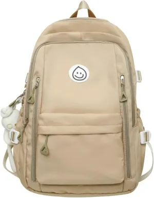 Preppy Backpack with Cute Pendant Women Smile Face Laptop Backpack Kawaii Lightweight Aesthetic College Backpack (Khaki,One Size)