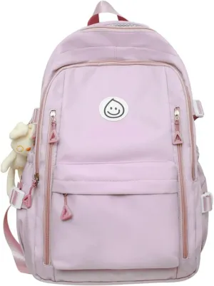 Preppy Backpack with Cute Pendant Women Smile Face Laptop Backpack Kawaii Lightweight Aesthetic College Backpack (Pink,One Size)