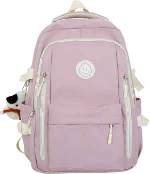 Preppy Backpack with Cute Pendant Women Smile Face Laptop Backpack Kawaii Lightweight Aesthetic College Backpack (Pink,One Size)