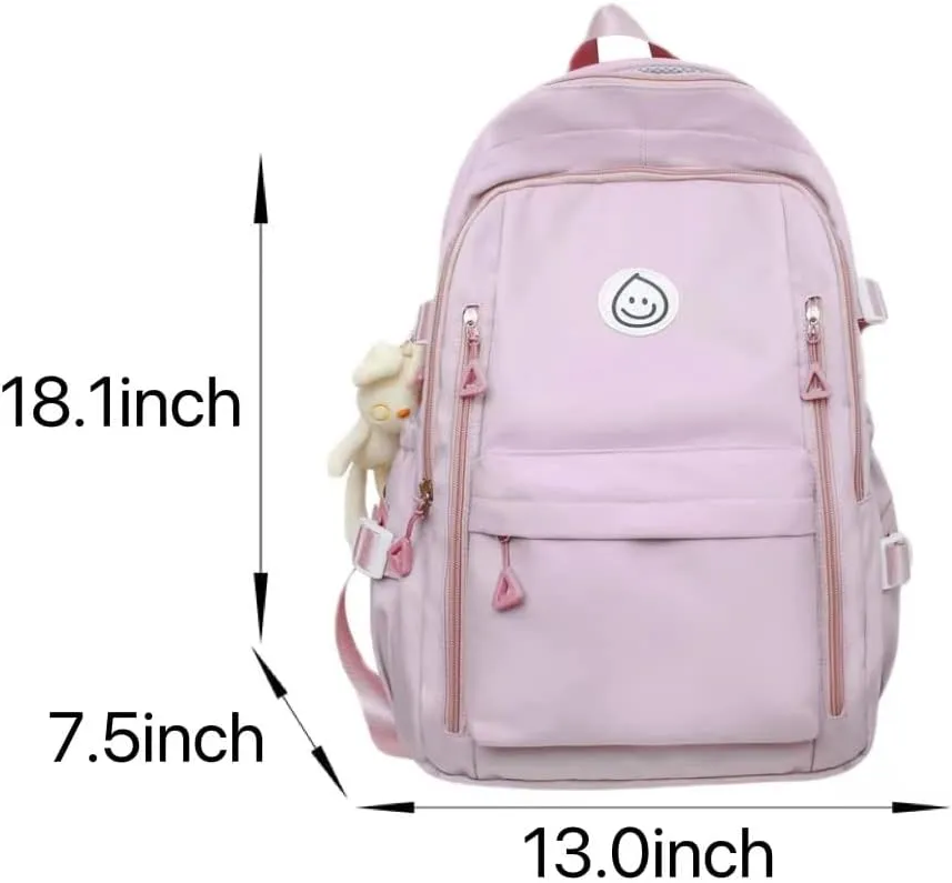 Preppy Backpack with Cute Pendant Women Smile Face Laptop Backpack Kawaii Lightweight Aesthetic College Backpack (Pink,One Size)